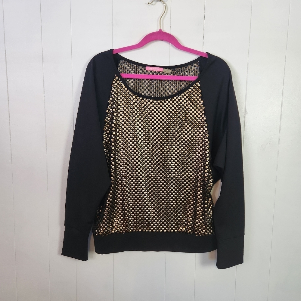 Isaac Mizrahi Black Ponte Gold Sequin Crew Pullover Sweatshirt New Size Medium